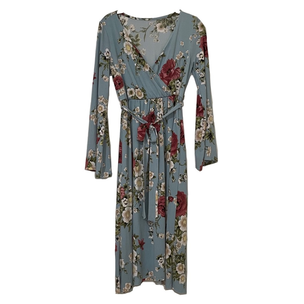 PinkBlush Blue Floral Sash Tie Maternity/Nursing Wrap Maxi Dress, Size Medium